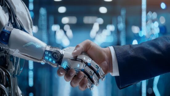 This AI-generated photo shows a robot's hand grasping a man's hand.
