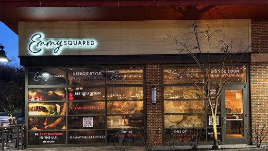 This photo shows the exterior of an Emmy Squared location in Charlottesville, Virginia.