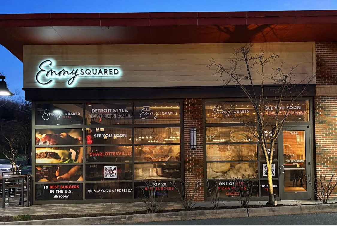 This photo shows the exterior of an Emmy Squared location in Charlottesville, Virginia.