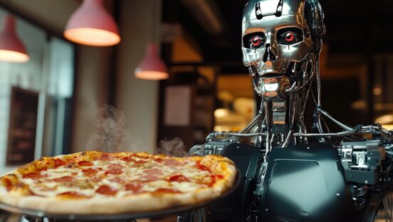 This photo shows a futuristic robot holding a pepperoni pizza.