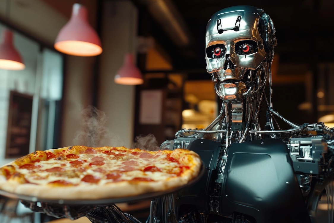 This photo shows a futuristic robot holding a pepperoni pizza.