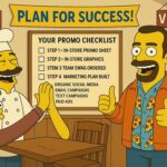 This is an AI-generated photo showing Matt Plapp as a Simpsons character standing in a restaurant. On the wall behind him is a Plan for Success promo checklist. Another Simpsons-style character pictured is dressed in a chef uniform. A Simpsons-style woman sits at a table and is slapping hands with another hand that doesn't have a body attached to it.