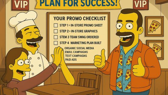 This is an AI-generated photo showing Matt Plapp as a Simpsons character standing in a restaurant. On the wall behind him is a Plan for Success promo checklist. Another Simpsons-style character pictured is dressed in a chef uniform. A Simpsons-style woman sits at a table and is slapping hands with another hand that doesn't have a body attached to it.