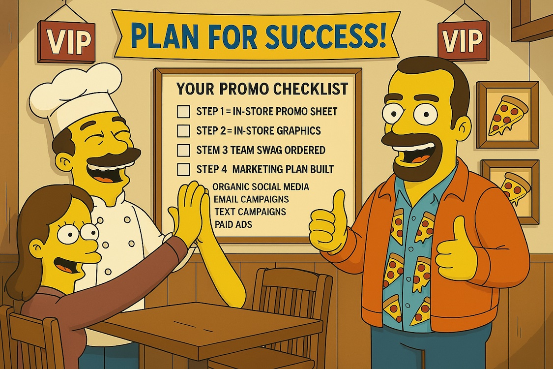 This is an AI-generated photo showing Matt Plapp as a Simpsons character standing in a restaurant. On the wall behind him is a Plan for Success promo checklist. Another Simpsons-style character pictured is dressed in a chef uniform. A Simpsons-style woman sits at a table and is slapping hands with another hand that doesn't have a body attached to it.