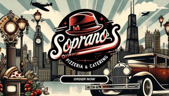 This photo shows the logo of Sopranos Pizzeria & Catering, with a vintage-model car from the 1920s, a red fedora and planes flying over a cityscape.