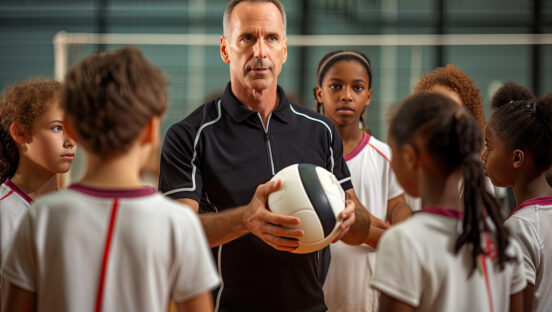 In this photo, a male coach teaches volleyball to young players in a school arena.