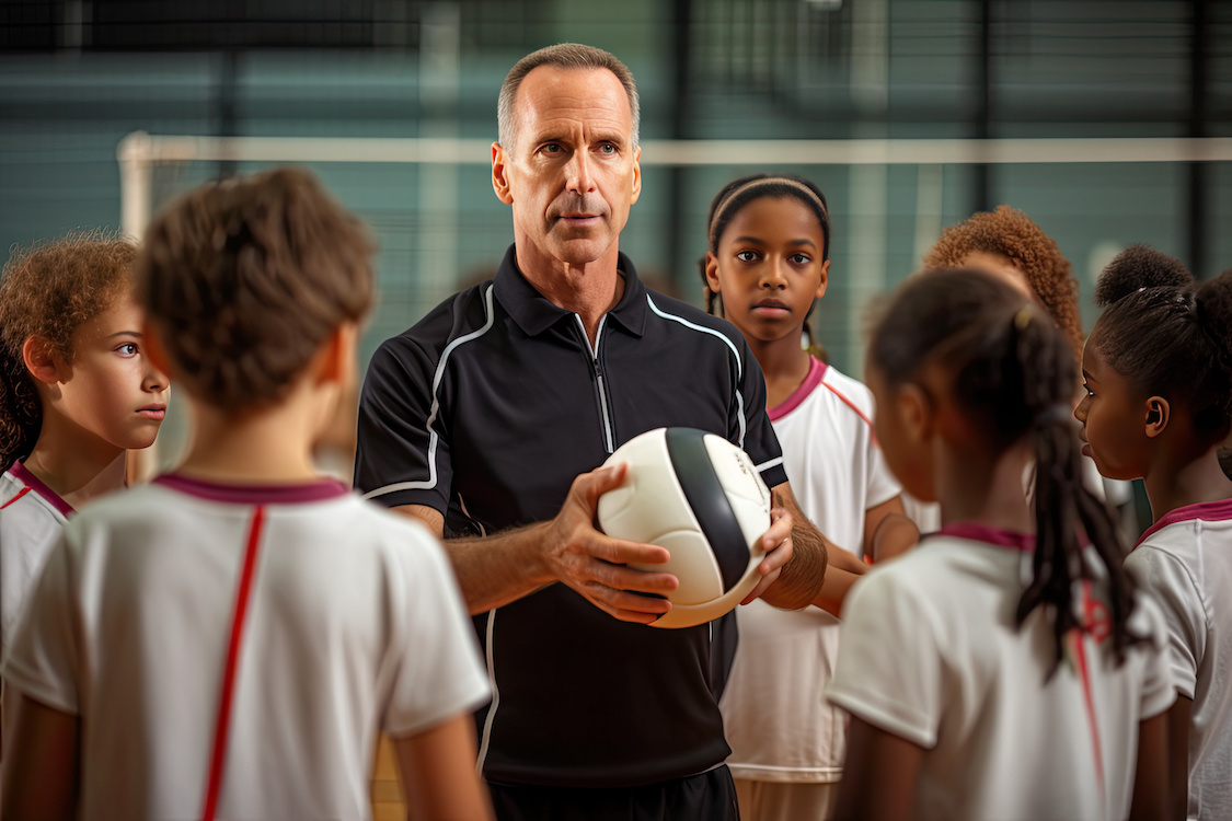 In this photo, a male coach teaches volleyball to young players in a school arena.