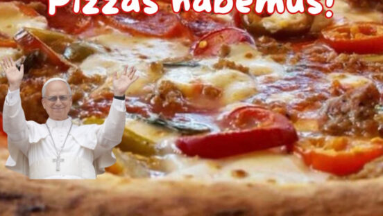 This photo shows a pizza topped with pepperoni, sausage and gardiniera along with an overlaid image of Pope Leo XIV raising his arms.