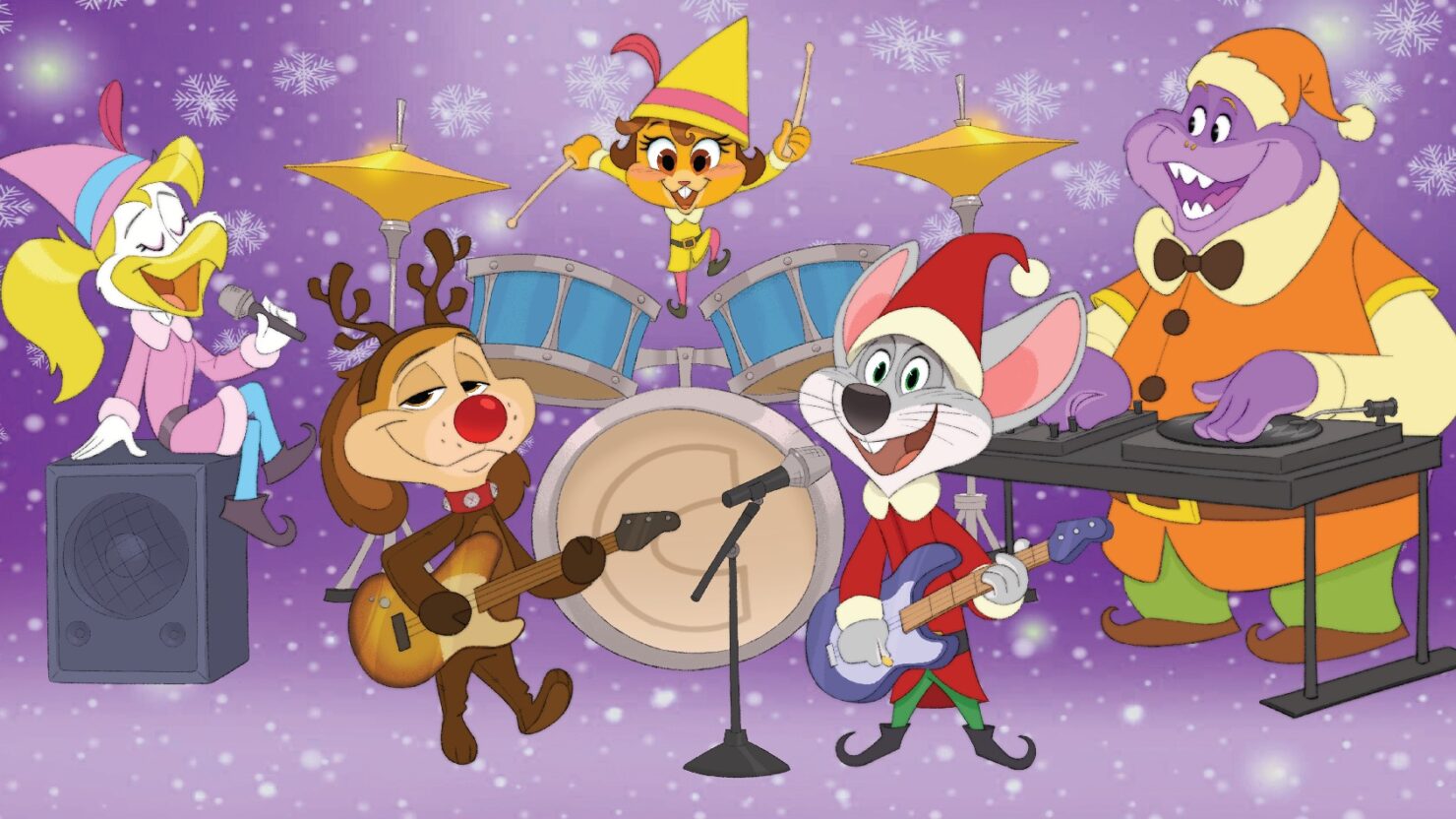 This cartoon image shows various cute animal characters from the Chuck E. Cheese TV special playing musical instruments, including Chuck E. Cheese himself playing guitar.