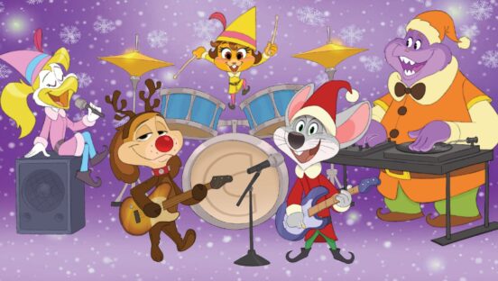 This cartoon image shows various cute animal characters from the Chuck E. Cheese TV special playing musical instruments, including Chuck E. Cheese himself playing guitar.