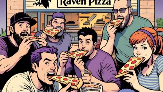 This appears to be an AI-generated image of six customers enjoying pizzas in front of a sign that says Raven Pizza.