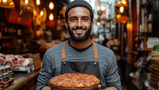 This photo shows a smiling, bearded pizza chef proudly presenting a freshly baked pizza in a cozy restaurant.