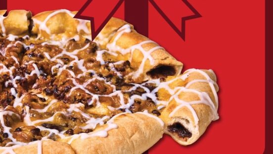 This photo shows the Chocolate Stuffed Crust Pizzeria against a red background.