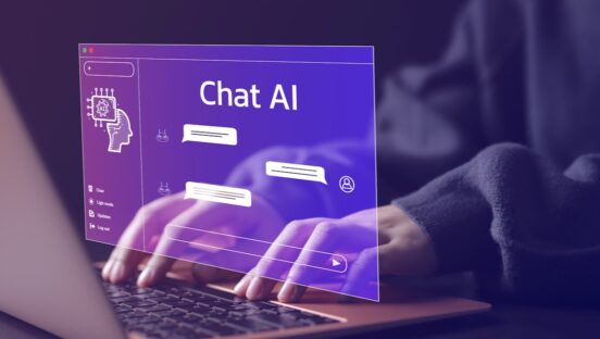 This a photo illustration showing a purple screen - virtual in nature depicting a chatbot called Chat AI.