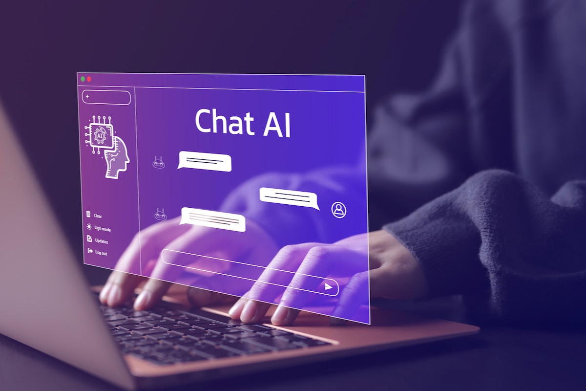 This a photo illustration showing a purple screen - virtual in nature depicting a chatbot called Chat AI.