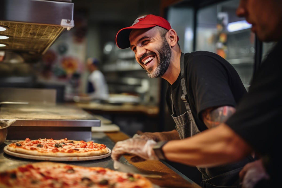 This photo shows a smiling male chef making pizza in the kitchen of a restaurant.