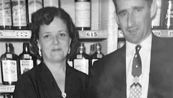This black-and-white photo shows a young Thelma Beall with her husband, Bob.