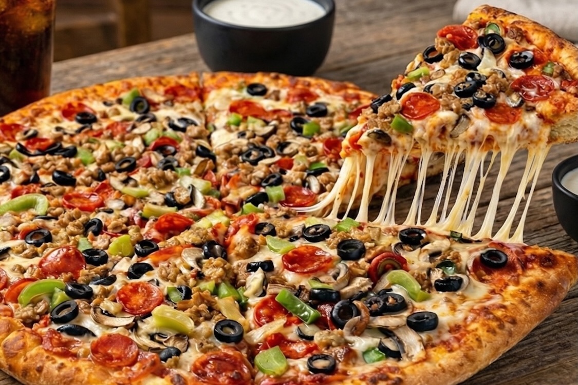 This photo shows a delicious-looking deluxe pizza topped with pepperoni, bell peppers, black olives, sausage and other ingredients.