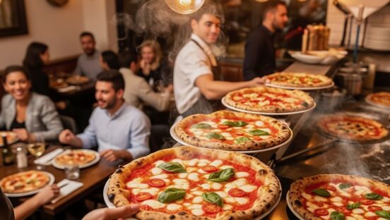A vibrant pizzeria scene with chefs preparing pizzas and customers enjoying their meals in a lively atmosphere.