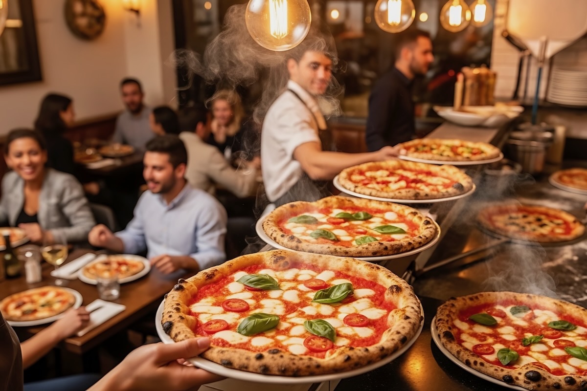 A vibrant pizzeria scene with chefs preparing pizzas and customers enjoying their meals in a lively atmosphere.