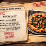 This photo is a ChatGPT-generated image that depicts what appears to be a classified document that's marked Top Secret and titled Case File 3: The Mission Briefing. It spotlights the Memphis Belle pizza described in the article.
