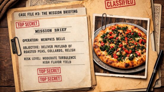 This photo is a ChatGPT-generated image that depicts what appears to be a classified document that's marked Top Secret and titled Case File 3: The Mission Briefing. It spotlights the Memphis Belle pizza described in the article.