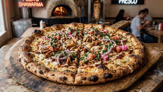 This photo shows a pizza with a beautifully blistered crust topped with shawarma chicken, red onions and pickled turnips.