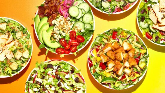 This photo shows a wide variety of salads available at Mellow Mushroom.