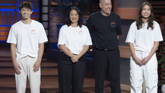 This photo shows the Steins standing on the stage during their appearance on "Shark Tank."