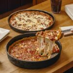 This photo shows the Italian Combo Beef-Za in both deep-dish and tavern-style versions.