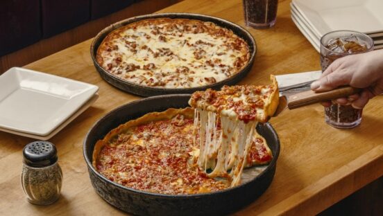 This photo shows the Italian Combo Beef-Za in both deep-dish and tavern-style versions.