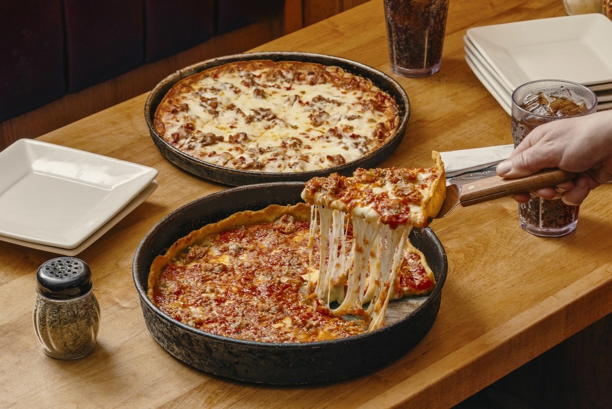 This photo shows the Italian Combo Beef-Za in both deep-dish and tavern-style versions.
