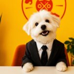 This AI-generated photo shows a cute white, fuzzy-faced puppy dog in a suit and tie "smiling" in front of a yellow and red Scratch Pizza backdrop.