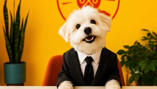 This AI-generated photo shows a cute white, fuzzy-faced puppy dog in a suit and tie "smiling" in front of a yellow and red Scratch Pizza backdrop.