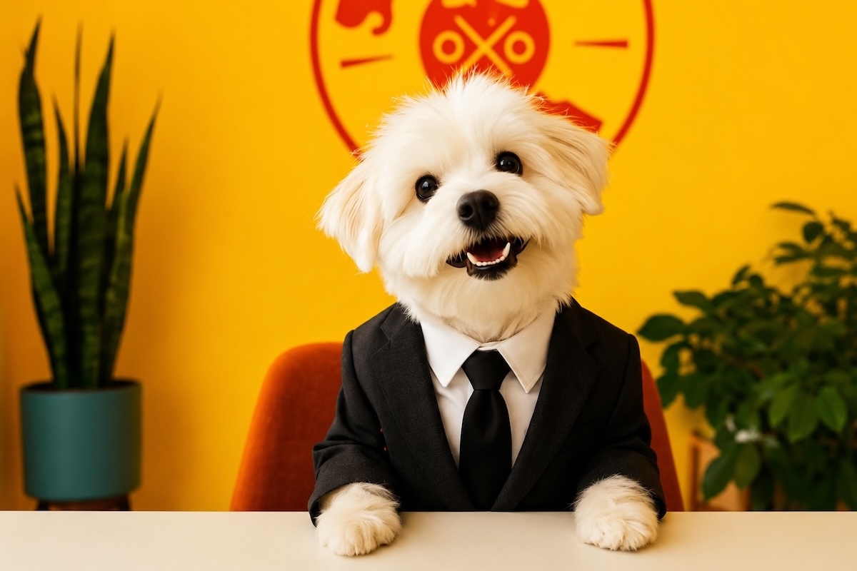 This AI-generated photo shows a cute white, fuzzy-faced puppy dog in a suit and tie "smiling" in front of a yellow and red Scratch Pizza backdrop.