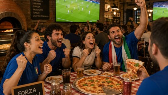 This AI-generated photo shows a group of male and female customers eating pizza in a restaurant while watching a soccer game on TV and cheering.