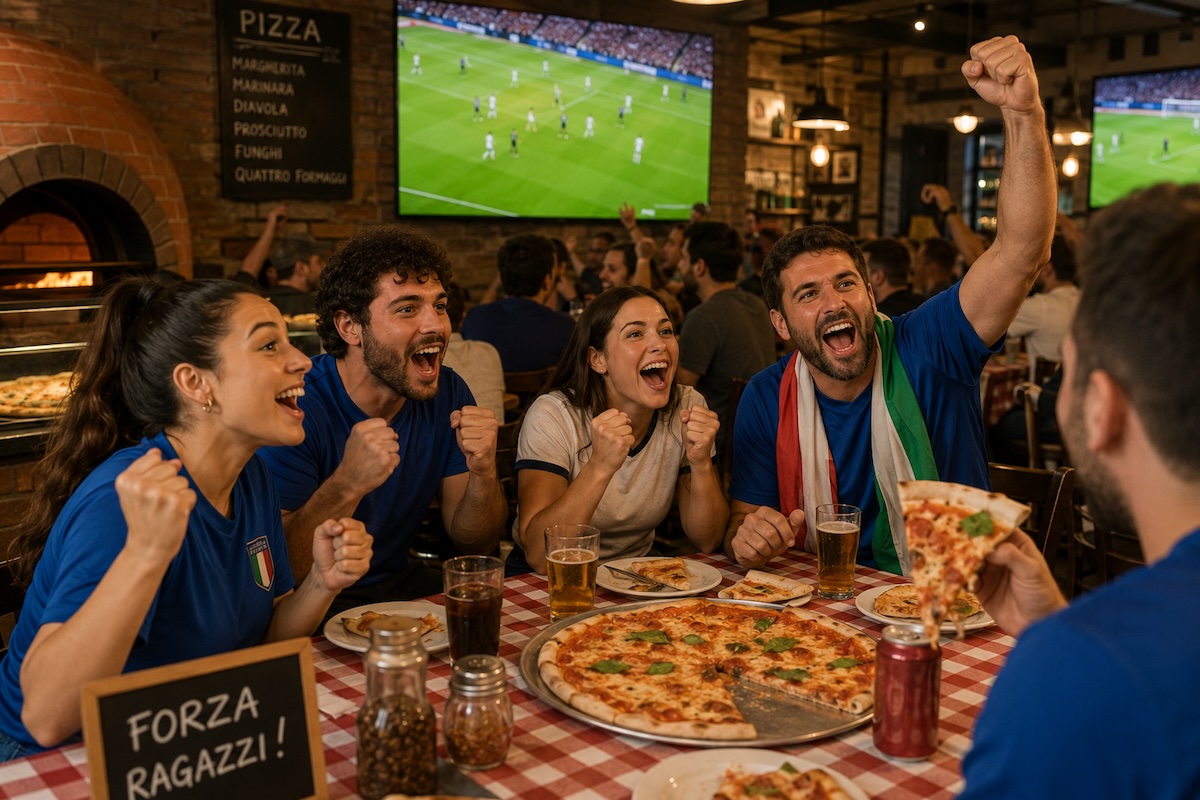 This AI-generated photo shows a group of male and female customers eating pizza in a restaurant while watching a soccer game on TV and cheering.