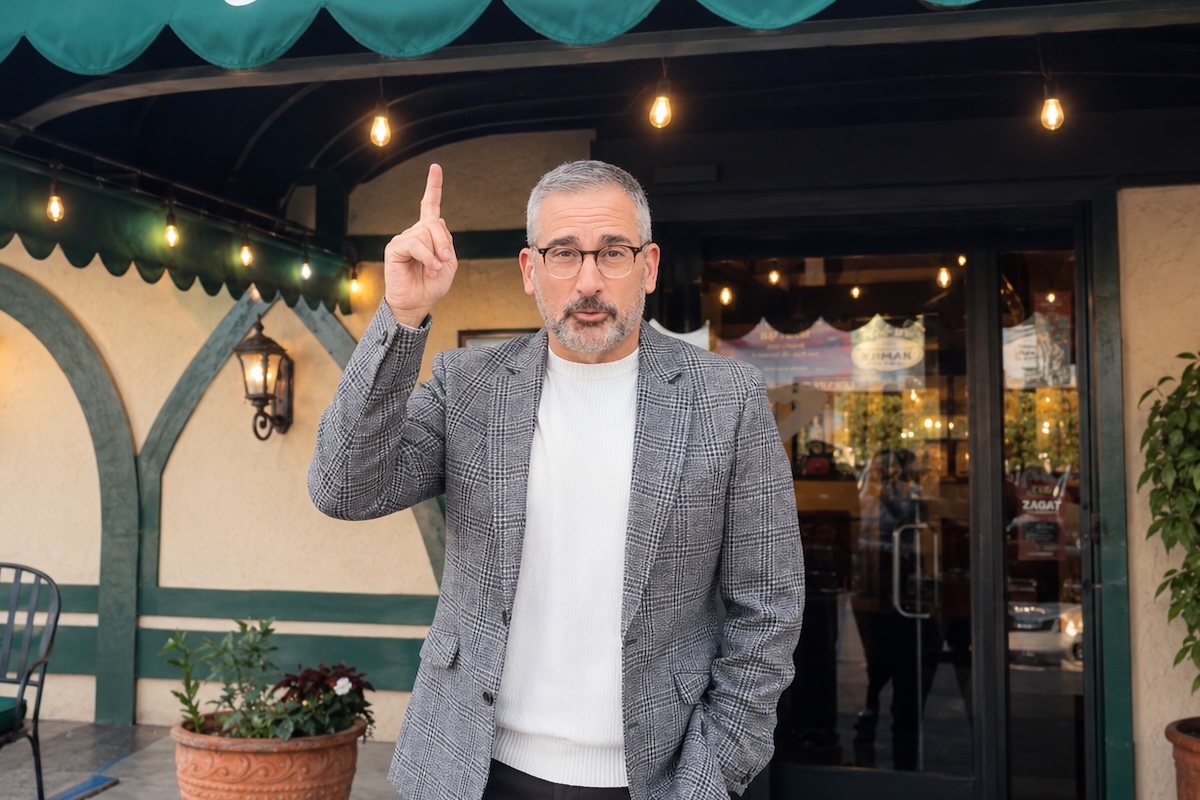 This photo shows Steve Carell pointing to the green exterior awning at Barone's.