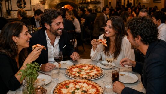 This photo shows a crowded pizzeria, with a table of two women and two men in the foreground eating Margherita pizzas.
