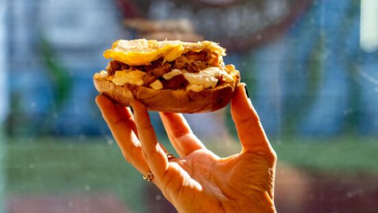 Eggs in Purgatory pizza bagel collaboration with Carmine's and Tompkins Square Bagels in New York City