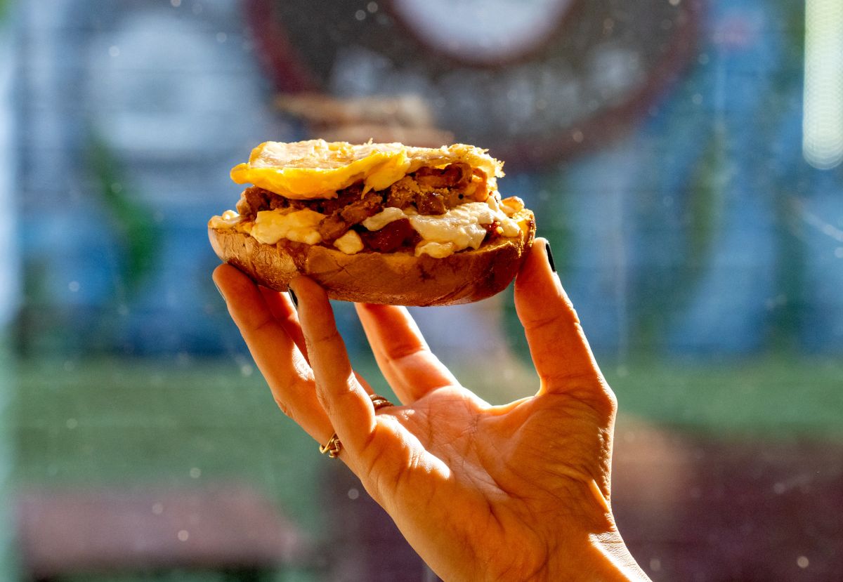 Eggs in Purgatory pizza bagel collaboration with Carmine's and Tompkins Square Bagels in New York City