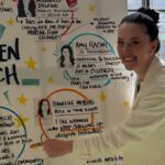 This photo shows Giorgia Caporuscio in front of a sign touting 10 Women to Watch in the hospitality industry at the NYSRA Women in Hospitality conference.