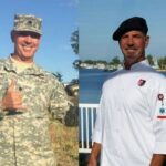Rod Scott, owner of Smokin' Oak Pizzeria in Brooksville, Florida, poses in a military uniform and chef's apron