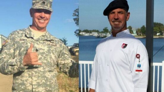 Rod Scott, owner of Smokin' Oak Pizzeria in Brooksville, Florida, poses in a military uniform and chef's apron
