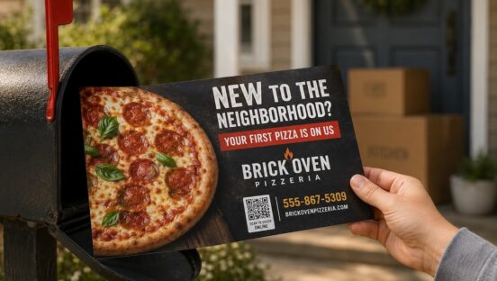 This photo shows a man's hand holding a direct mail postcard with a photo of a pizza and a headline that reads: New to the Neighborhood? Your First Pizza Is On Us." The postcard is held up against an outdoor mailbox.