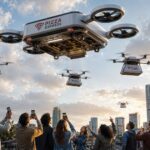 This futurist-looking photo depicts a crowd of people staring up at a hovering drone mothership that's dispatching three smaller drones for pizza delivery.