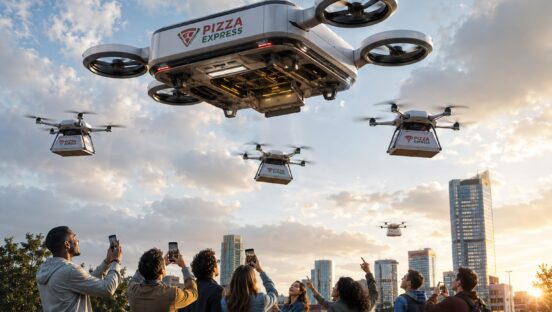 This futurist-looking photo depicts a crowd of people staring up at a hovering drone mothership that's dispatching three smaller drones for pizza delivery.