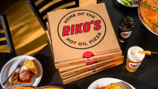 Riko's Pizza Hot Oil Pizza boxes with drinks and appetizers