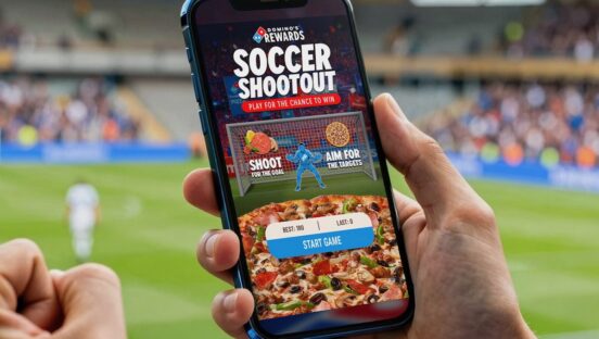 This photo shows Domino's Soccer Shootout in-app game on the screen of a smartphone.