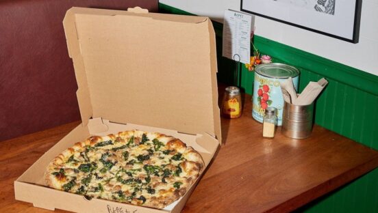 A pizza on the table at Bucky's Pizza in Chatham, New Jersey